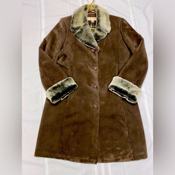 Jones New York Long Faux Suede Jacket with Faux Fur Collar Size M - Picture 1 of 10